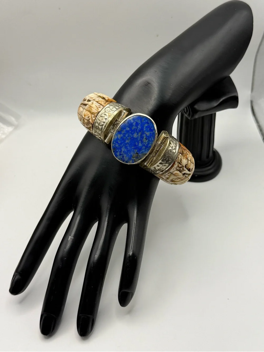 Vintage Tribal Lapis Lazuli Carved Bone Hinged Cuff Bangle Statement Bracelet